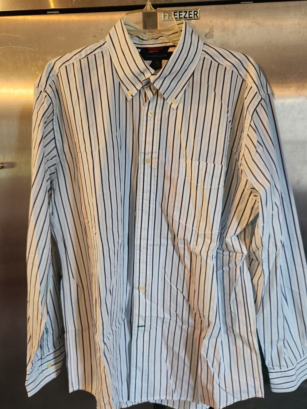 Tommy Hilfiger Mens White Navy Stripe Button Up Dress Shirt Long Sleeve